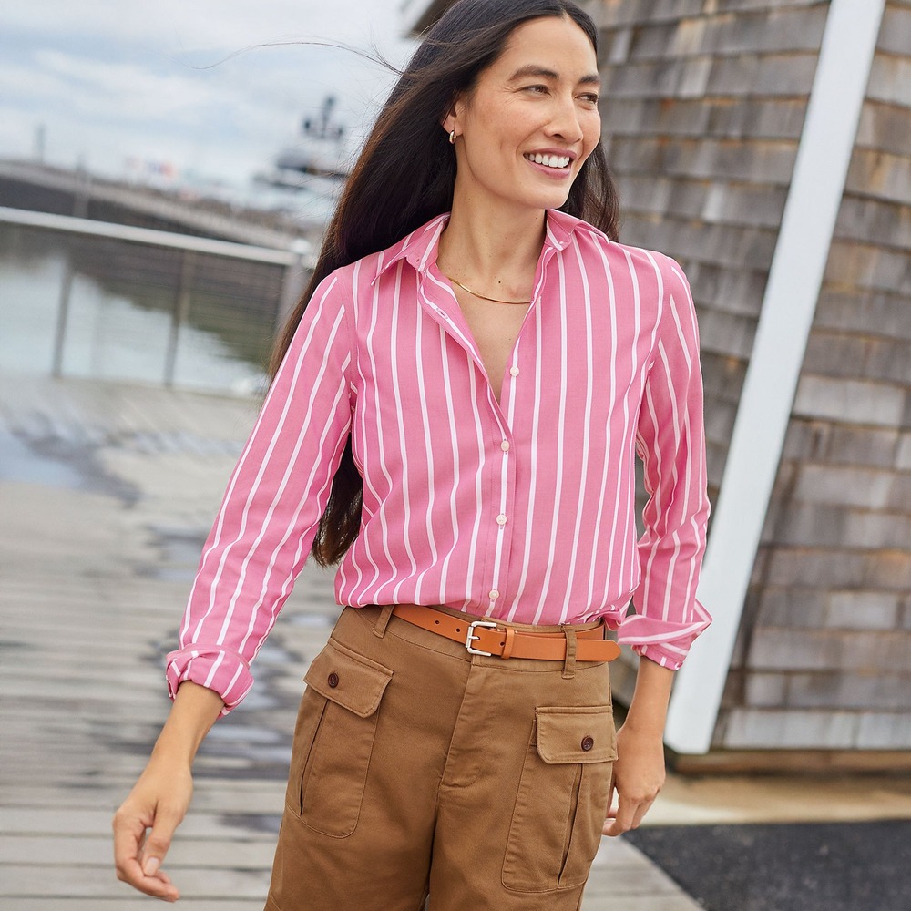 Lands' End No Iron Pink Striped Button Down Shirt Womens 4P Petite Boho Preppy